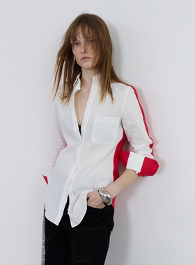 1c00M4 vintage100%亚麻撞色衬衫复古摩登高智感衬衣中性风2025