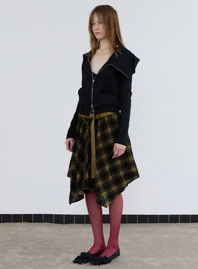 1C00M4Grunge格纹不规则中裙羊毛格子衬衫半身裙屁帘美式设计感
