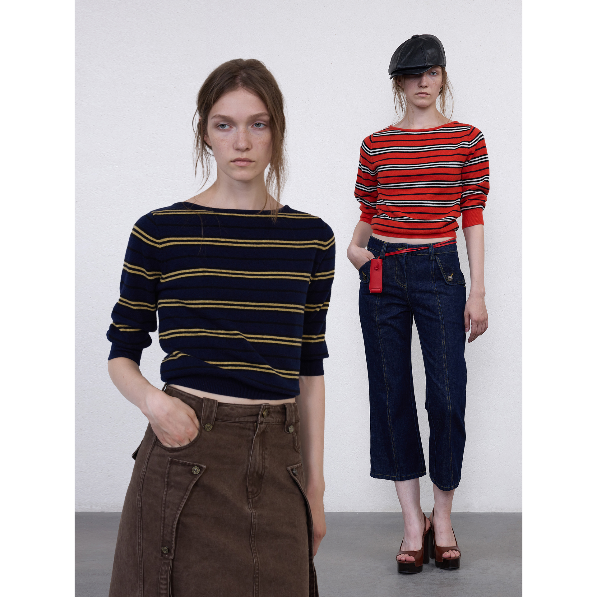 羊毛复古条纹七分袖毛衣