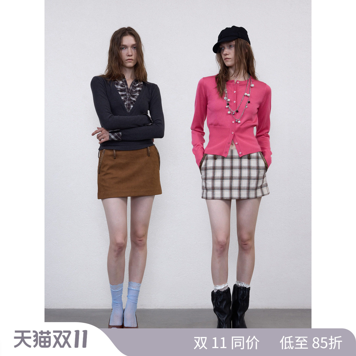 1C00M4手工擦色皮革拼接短裙格纹直筒做旧半身裙格子裙春季新款女