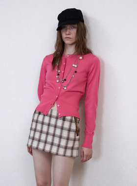 1C00M4早秋经典美丽奴羊毛收腰毛衣玫红色开衫针织短款V领上衣