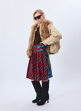 1C00M4复古苏格兰格纹半裙双面穿纯棉格子百褶裙红蓝拼接中裙秋冬