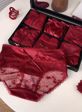 HoneyHottie中国红新年安可拉红马年本命年蕾丝本命年六件红裤衩