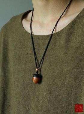 「松雨淡」实木松果吊坠老山檀配珠内置朱砂橡果毛衣链礼物