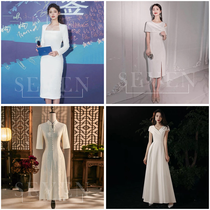 出租高端白色晚礼服女宴会年会气质礼仪服装婚礼主持人小礼服租赁