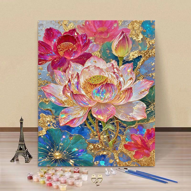 中国风鎏金荷花数字油画diy手工涂色填色花卉治愈手绘丙烯装饰画图片