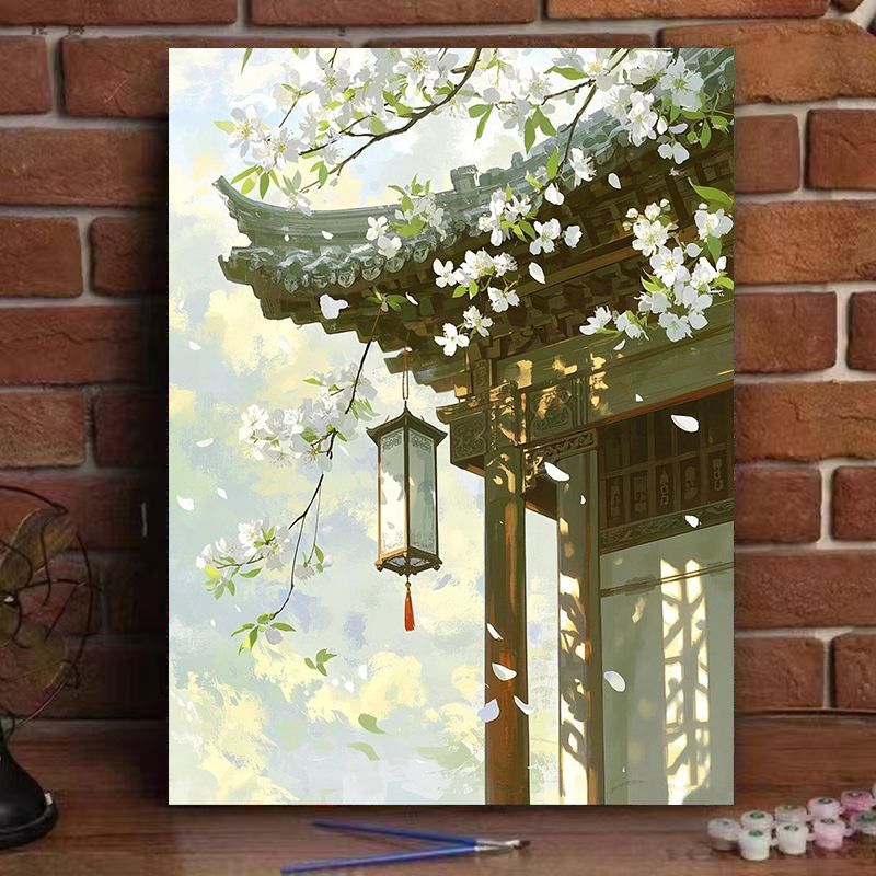 数字油画diy填色屋檐梨花治愈系古风丙烯画自然风景高颜值装饰画图片