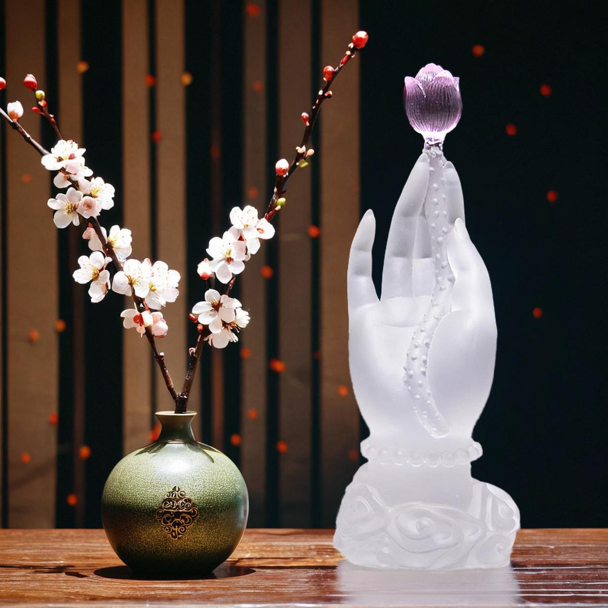 琉璃工艺品佛手莲花新中式客厅玄关茶几桌面装饰水晶禅意摆件