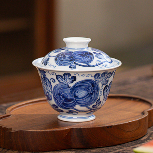 五里雾青花瓜藤盖碗手工手绘仿明代高端茶具景德镇青花瓷茶杯茶碗