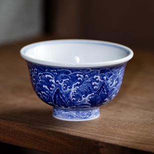 五里雾青花江崖海水压手杯景德镇手绘高端青花瓷器仿古主人杯茶具