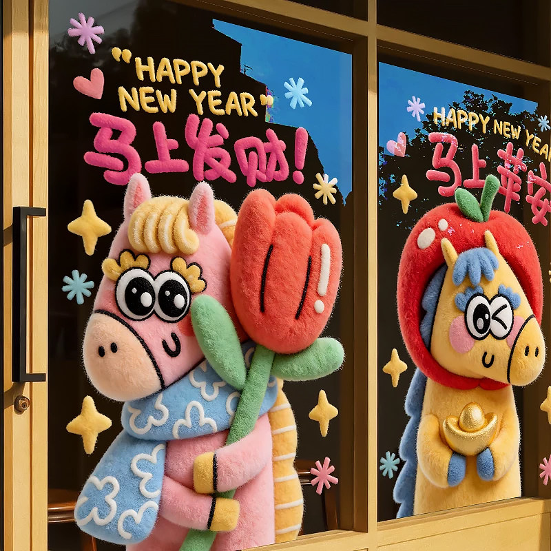 2026马年卡通新年装饰静电贴窗花商场橱窗氛围玻璃贴纸装饰布置