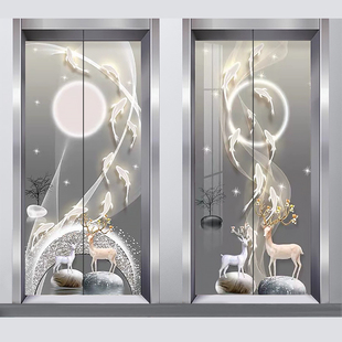 九鱼聚财图电梯门装 饰贴纸高级轻奢感一梯一户自粘定制整张贴纸画