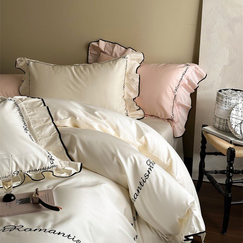 100支长绒棉奶油白刺绣荷叶边四件套1E.5m1.8米全棉床单被套公主