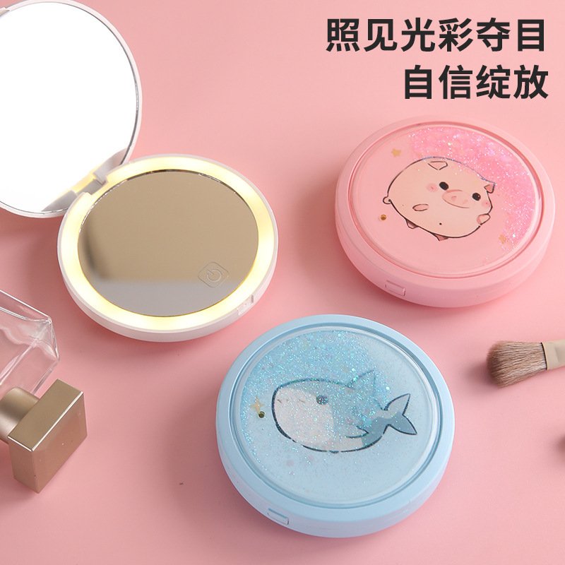 三色便携镜卡通流沙LED化妆镜带灯翻盖双面圆镜USB充电便携口袋镜