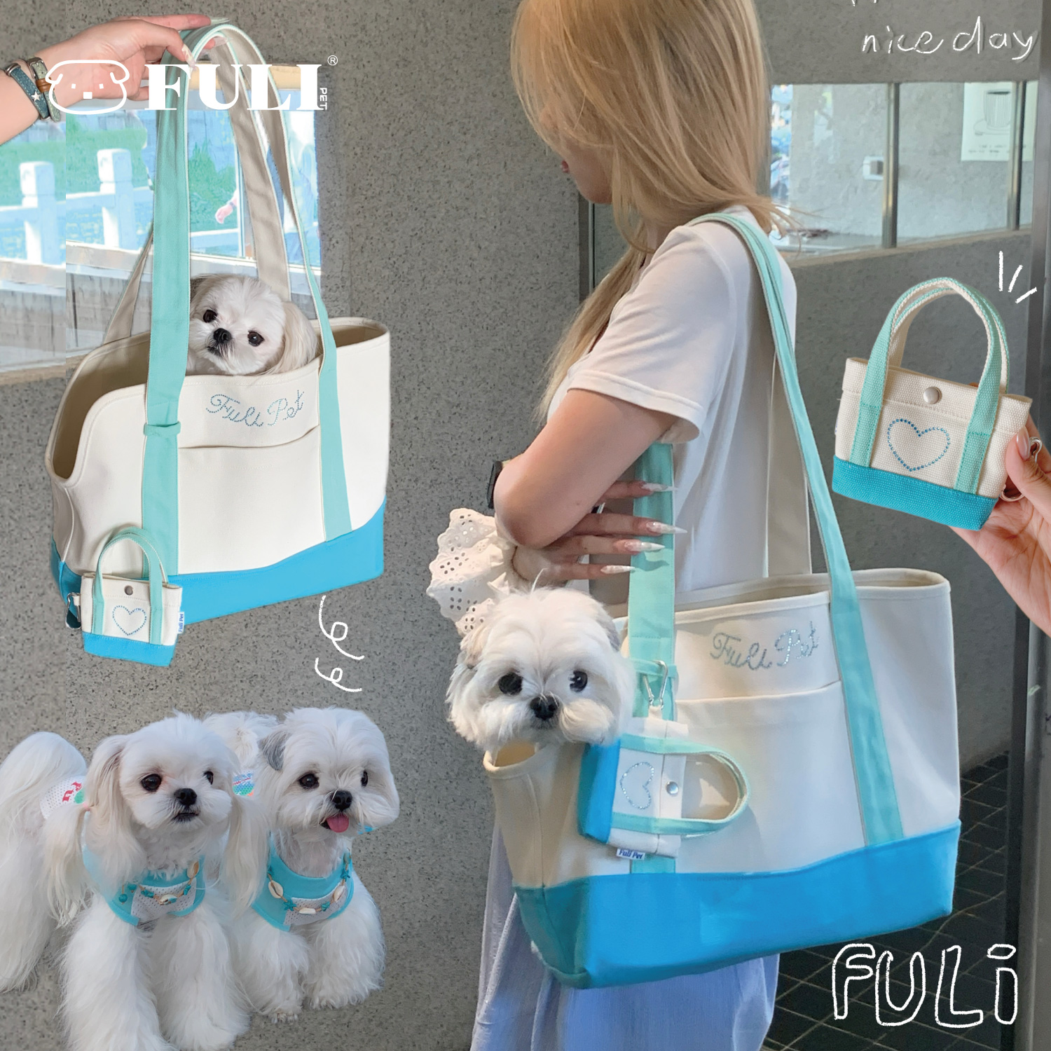 FULIPET「薄荷一夏」帆布包.假日系列.西施犬马尔济斯比熊雪纳瑞