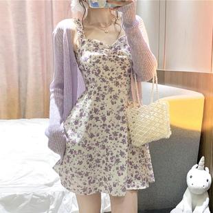 兩件套裝 2025新款 小個(gè)子法式 雪紡短裙紫色碎花吊帶連衣裙開衫 女夏