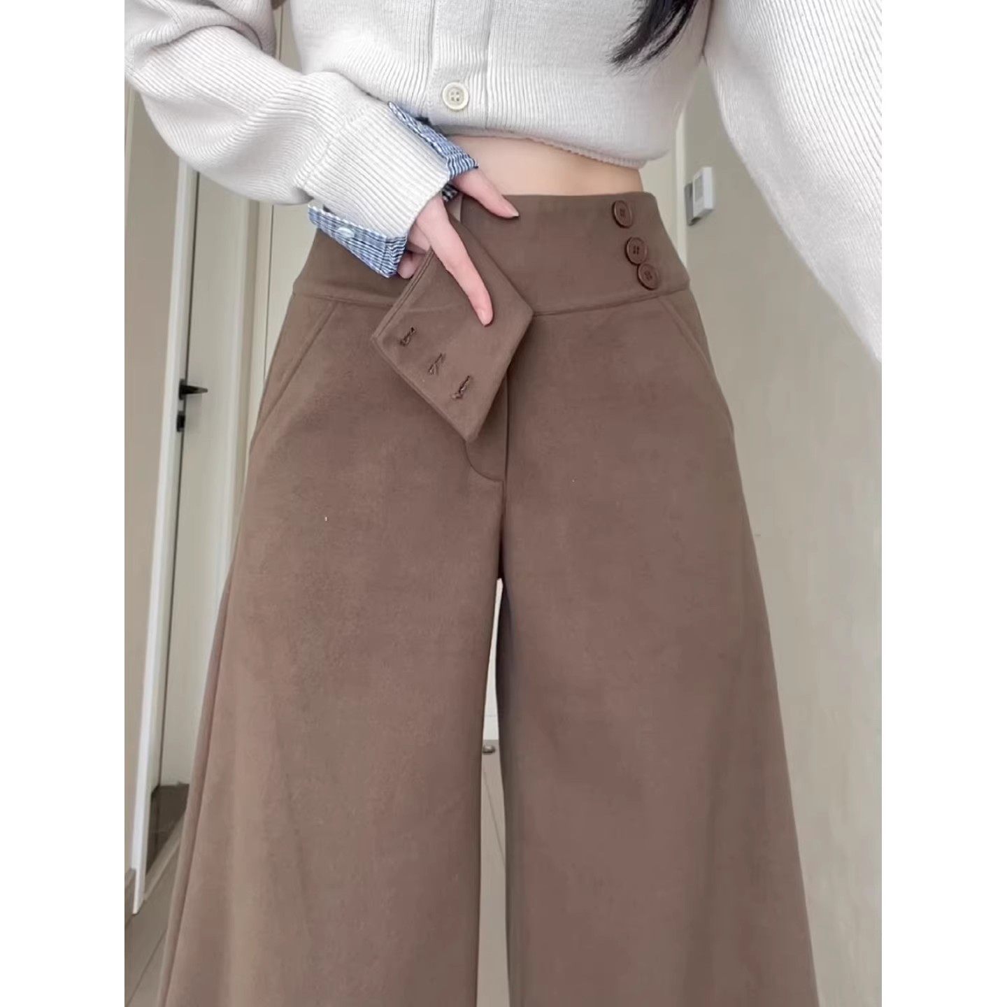 咖色毛呢西装裤女秋冬季新款小个子高腰直筒裤宽松显瘦加厚阔腿裤