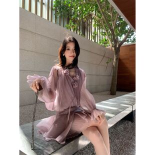 鸢尾紫烟 飘带花朵连衣裙短款春夏新款气质温柔v领长袖收腰短裙