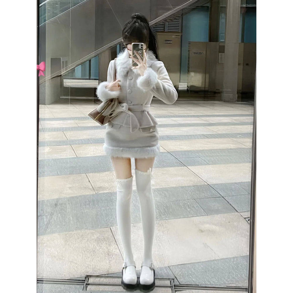 财阀千金感 米色小香风毛领重工收腰毛呢外套+包臀裙套装女冬新款