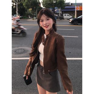烟汀傍晚 美式复古风设计感仿麂皮美拉德风短款外套辣妹短裙套装
