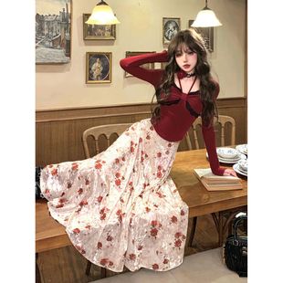 日暮玫瑰 复古红玫瑰收腰显瘦内搭上衣+半身裙两件套装冬季新款女