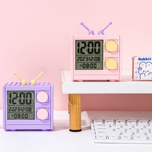 新款撞色趣味积木电子闹钟儿童学生多功能报时小闹钟学生宿舍时钟