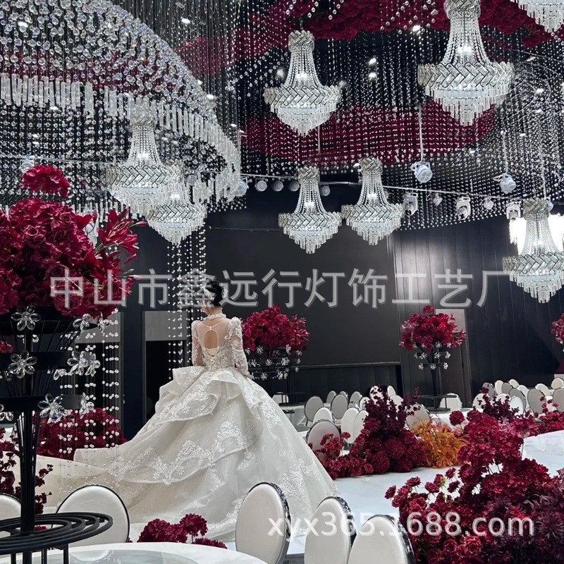 新款结婚庆道具欧式铁艺水晶吊灯多层珠链装饰创意水晶跨境