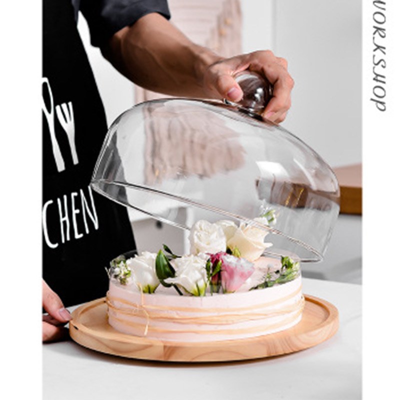 木制圆形带盖玻璃蛋糕盘创意水果盘客厅家用蛋糕托盘旋转烘焙台