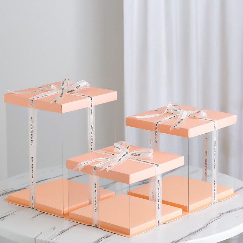 现货6寸8寸10寸三合一烘焙包装单双高双面覆膜透明生日蛋糕盒