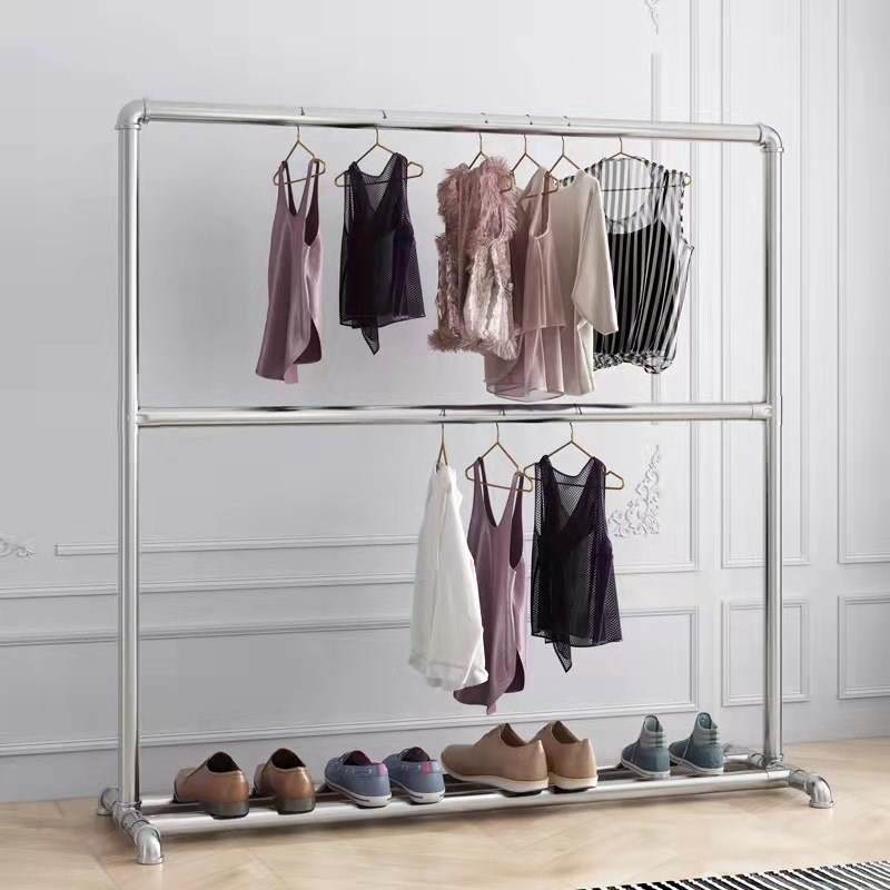 加厚水管镀锌管晾衣架落地立式双层室内挂衣阳台凉衣杆单杆晒衣架