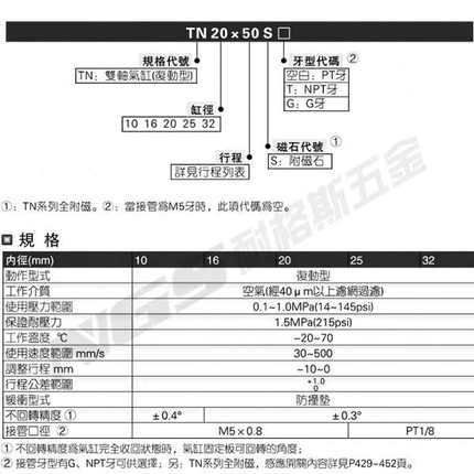 气动双杆双轴气缸双杠大推力TN10X20S可调行程