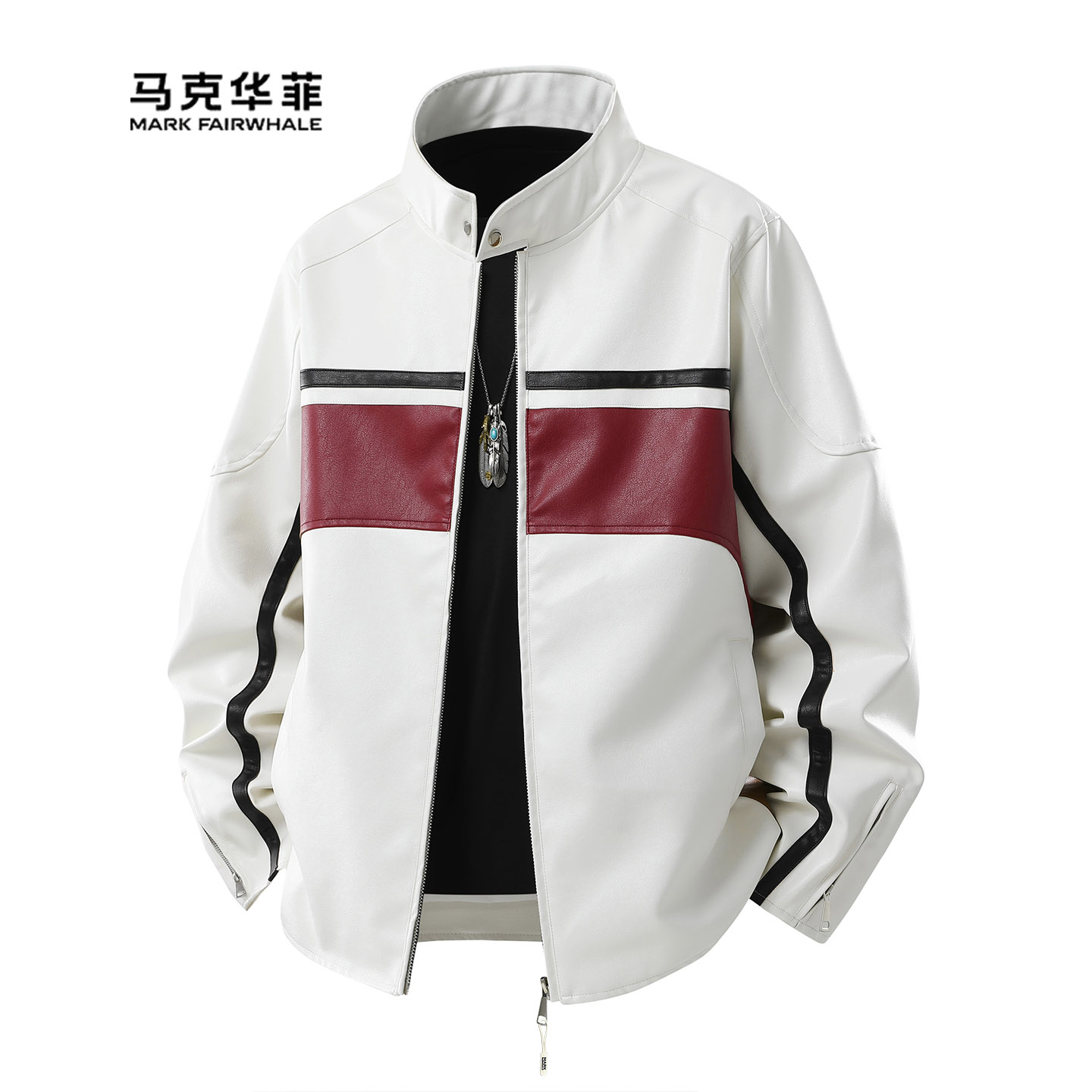 机车风立领皮衣夹克冬季撞色条纹