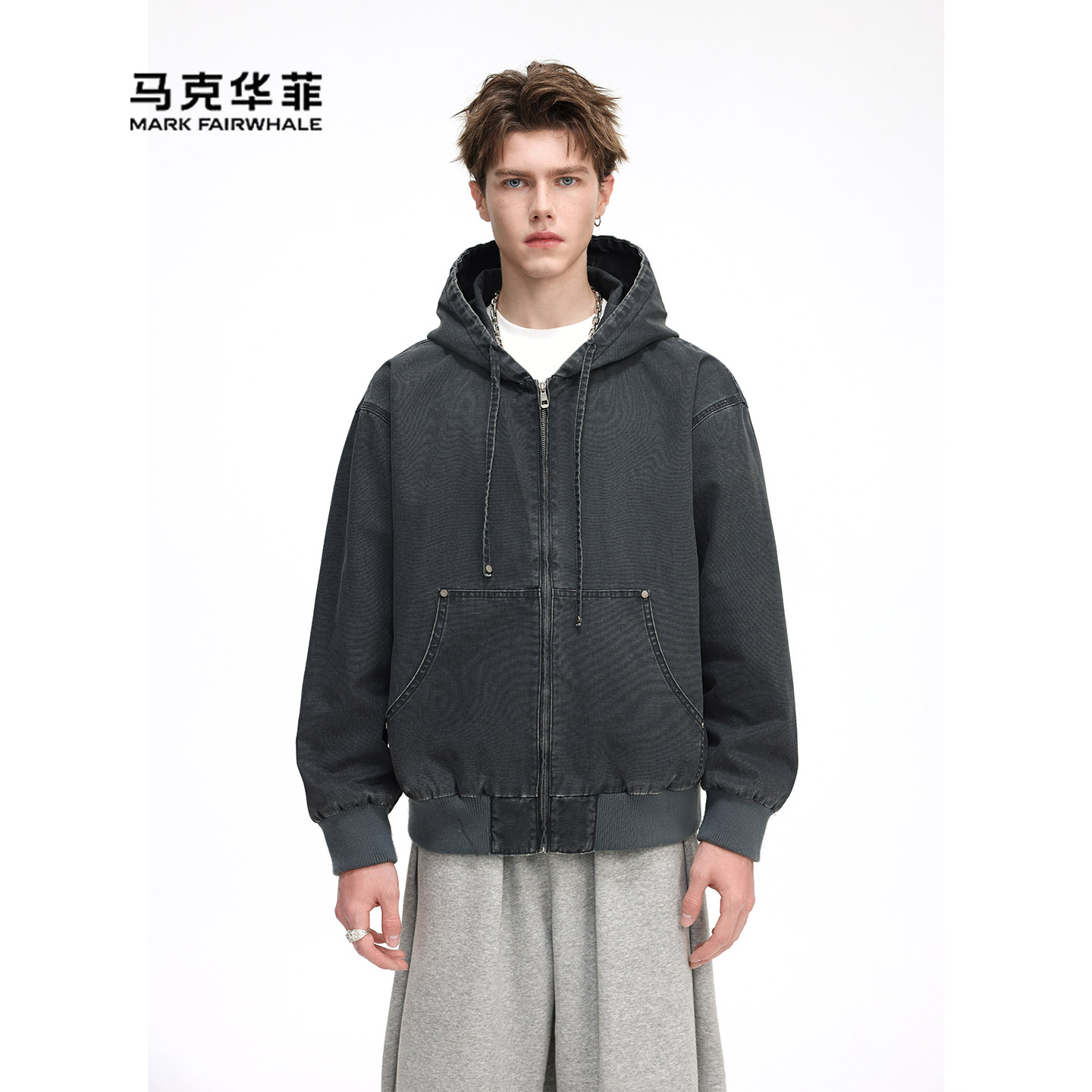 美式复古连帽夹克男拉链休闲外套