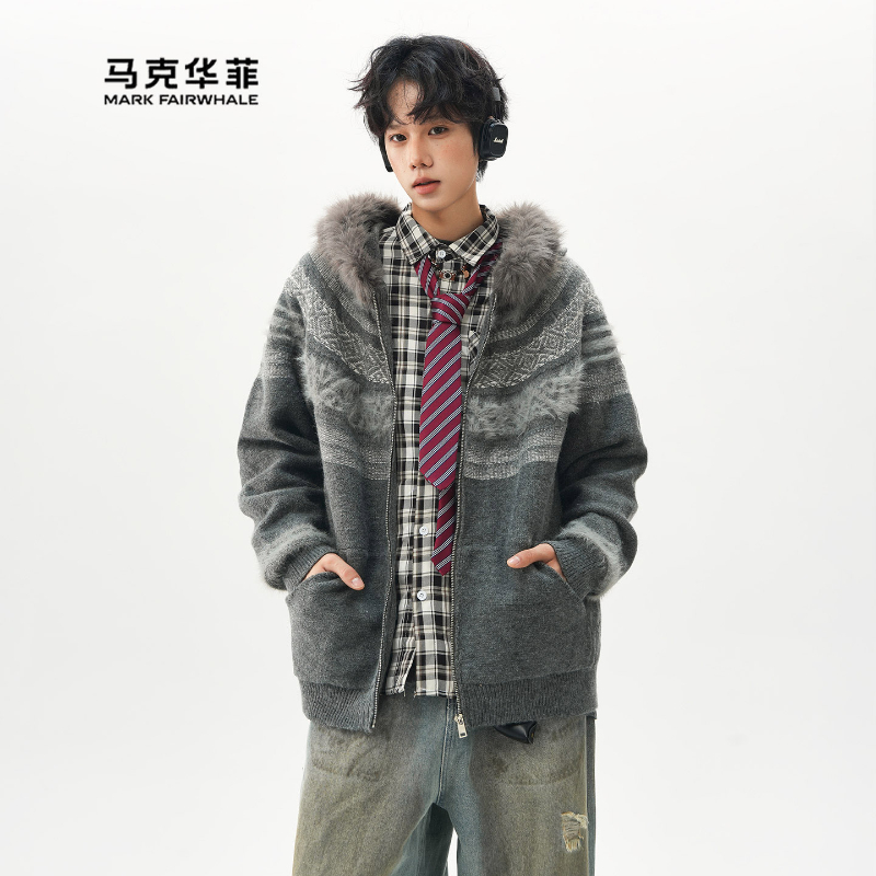 复古毛衣男连帽拉链开衫针织外套