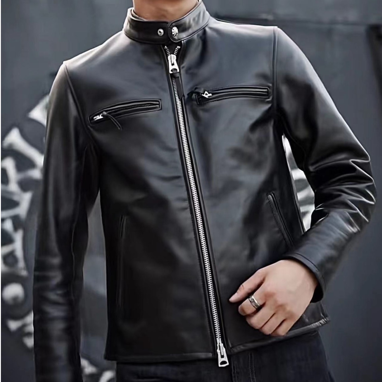 马皮J100.男士经典咔叽马皮立领直拉修身春秋时尚休闲短款夹克