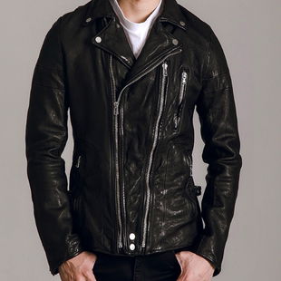 短款 头层绵羊皮真皮水洗做旧修身 夹克 春秋季 双拉机车夹克.男士