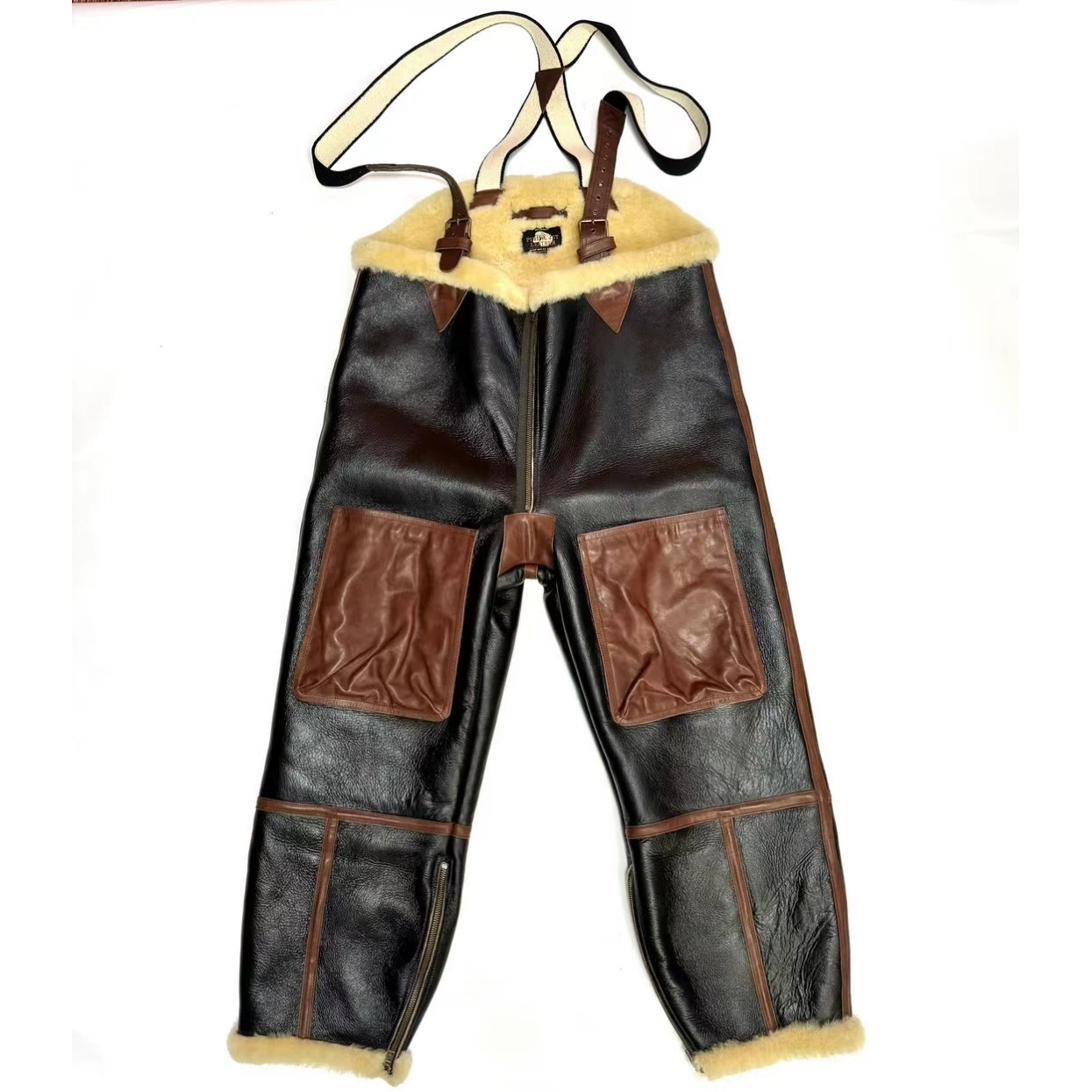 皮毛一体裤.冬季男士抗寒保暖防风经典直筒宽松绵羊皮背带皮裤