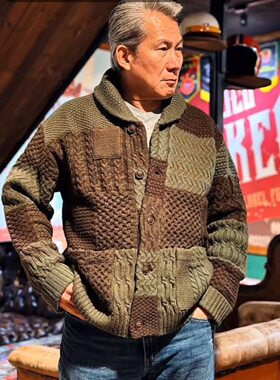 青果领开襟衫.新款秋冬羊毛100%针织混色复古阿美咔叽男毛衣开衫