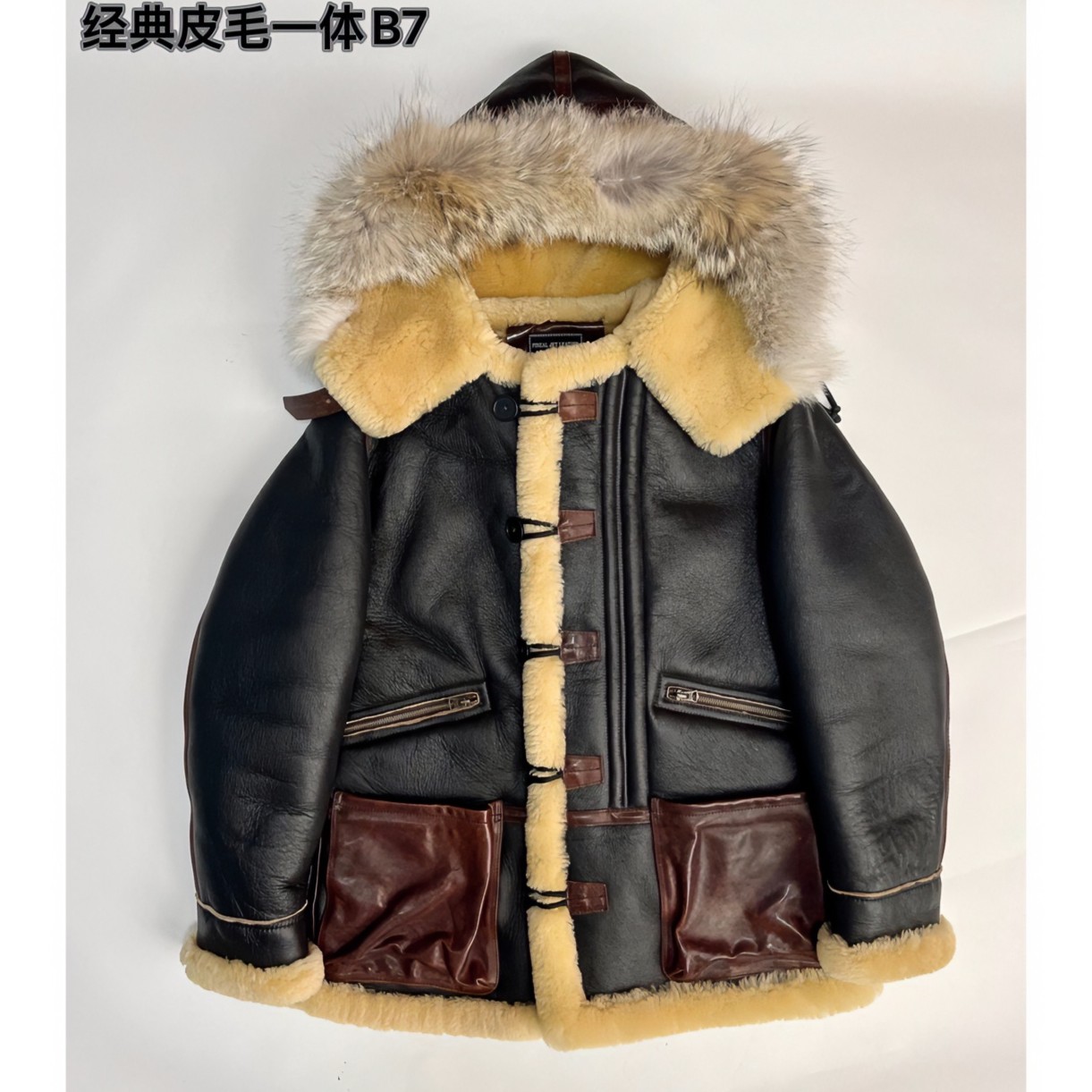 B7.男士冬季经典日系复古中长款皮毛一体连帽长款真皮外套B7夹克