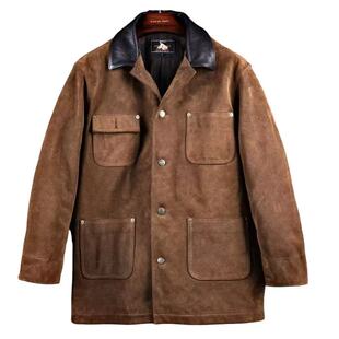 油蜡牛反绒皮大衣.美式复古密歇根猎装工装翻领阔版宽松皮衣外套