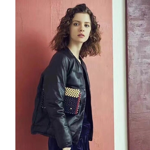 羊皮女式短款圆领羽绒服.韩版日系时尚保暖绵羊皮内搭薄羽绒服