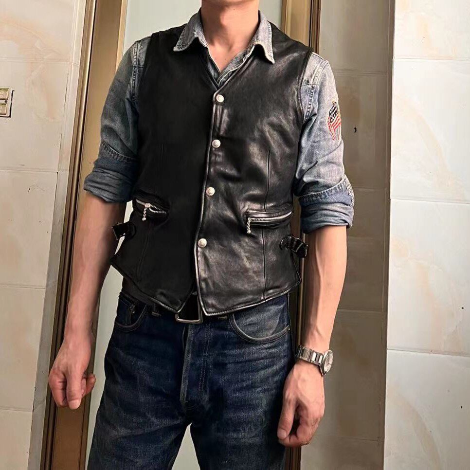 V领马甲.男士春秋阿美咔叽休闲舒适美式无涂植鞣绵羊皮复古马甲