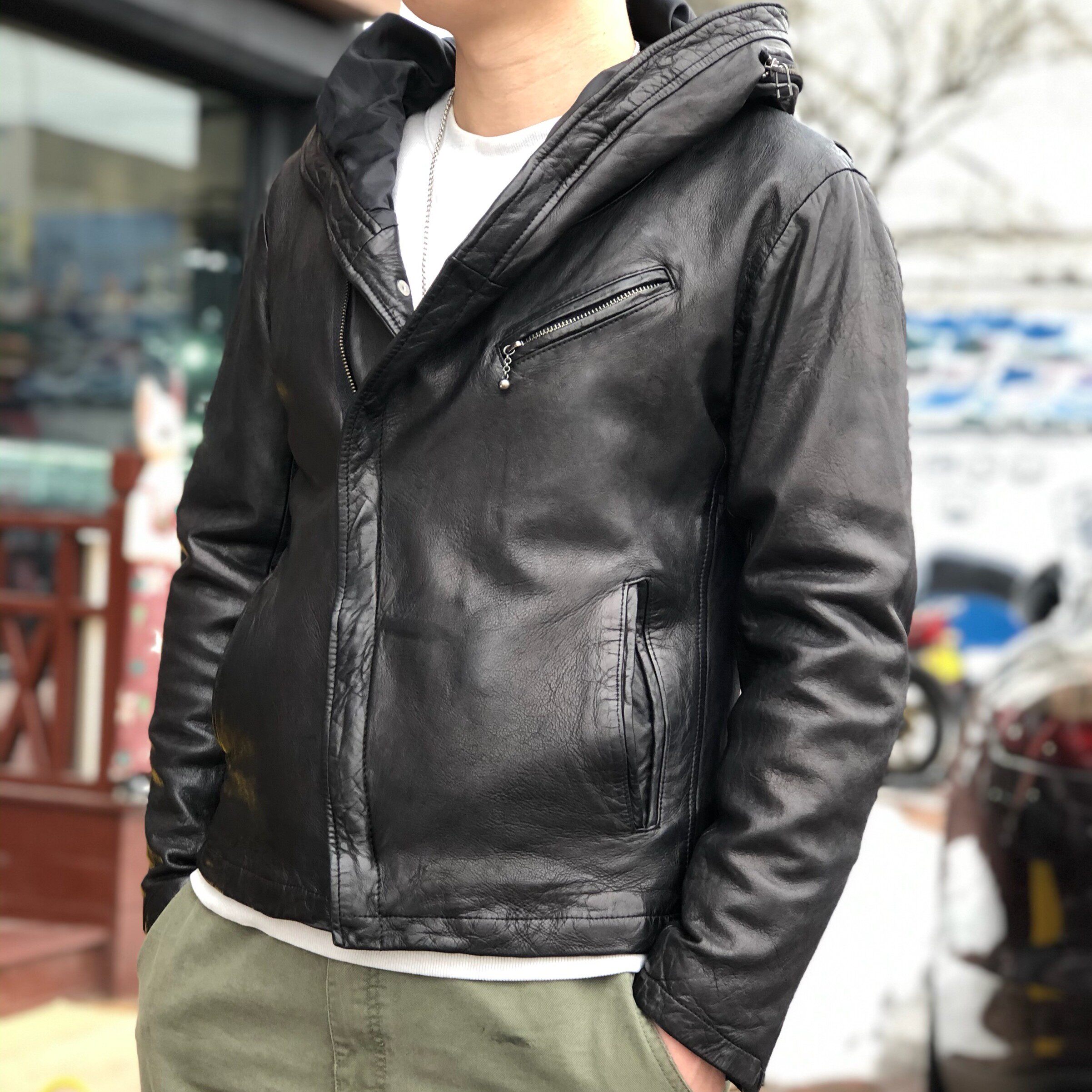 斜拉大帽子夹克.男日系潮牌黑暗系头层绵羊皮复古修身短款皮夹克
