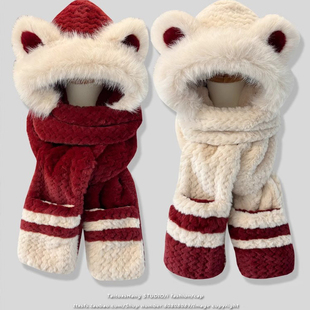 带围脖的一体帽子可爱小熊耳朵围巾手套防寒保暖女秋冬加厚毛绒护