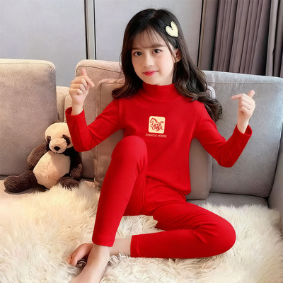 儿童德绒红色保暖内衣套装