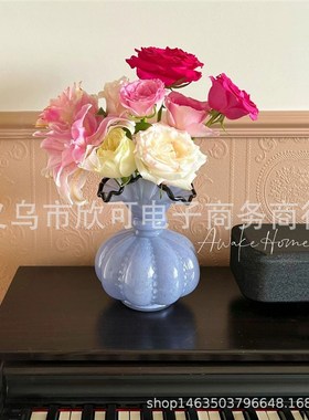 中古紫色芬顿风手工玻璃花瓶法式复古风插花器轻奢家居装饰摆件
