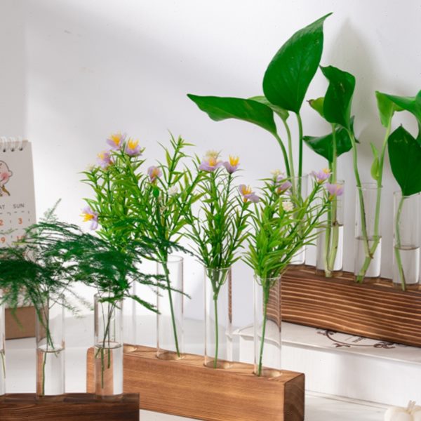 创意实木架透明试管水培植物绿萝花瓶插花容器办公桌面装饰品摆件