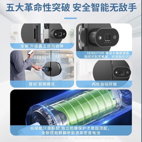 玻璃门密码锁指纹锁办公室店铺专用免打孔无框单双开推拉门智能锁