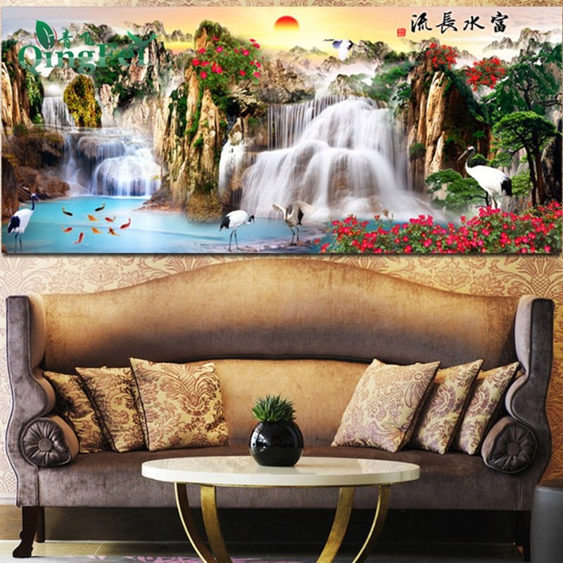 青飞精准印布十字绣钻石画满钻山水画客厅富水长流迎客松满绣