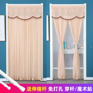 防蚊虫隔断帘防偷 门帘家用免打孔伸缩杆魔术贴双层蕾丝门帘夏O季